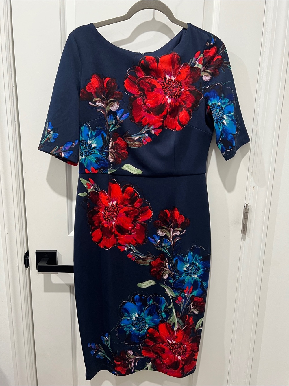 London Times Navy Midi Dress with Red & Blue Floral Print Size 12